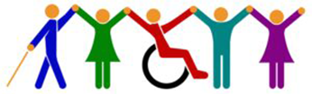 Colourful illustrated figures holding hands, representing accessibility and inclusion, with figures using a wheelchair and a cane.
