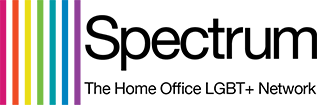 Logo with black wording, 'Spectrum' and 'The Home Office LGBT+ Network' with a series of narrow vertical stripes in different colours on the left hand side.