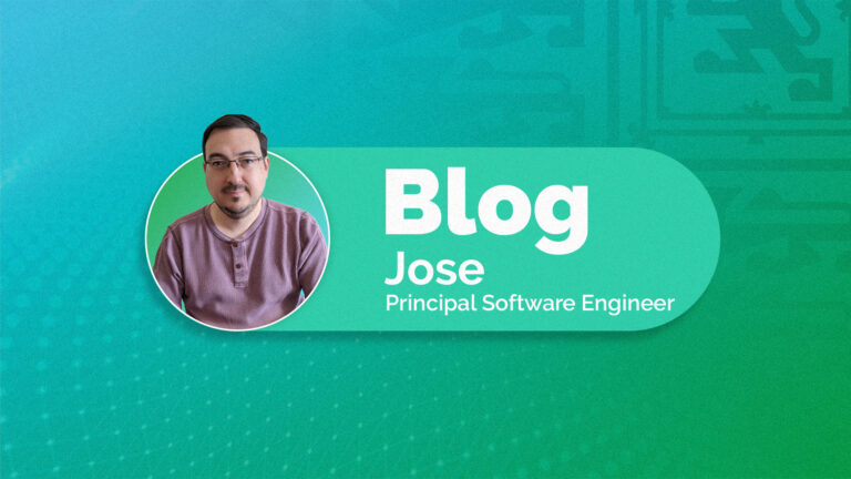 Teal graphic with part of the Home Office logo visible in the backgronud. A lozenge in the centred with wording 'Blog' 'Jose' 'Principal Software Engineer' with a photo of Jose to the left.